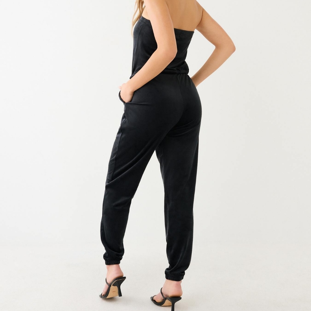 TRUE RELIGION CRYSTAL HS VELOUR TUBE JUMPSUIT WOMEN'S SIZE LARGE  BLACK - Picture 4 of 10